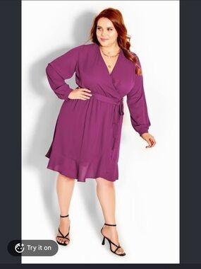 City Chic Fuchsia Long Sleeve Wrap Dress with Tie Waist